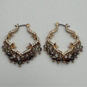 Boho Rhinestone & Bead Chandelier Hoop Earrings Gold Tone 1.5” Drop